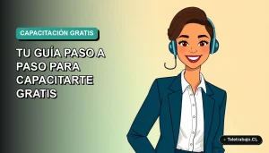 Ilustración plana vectorial de una mujer profesional con blusa blanca y chaqueta azul, sonriendo, sobre un fondo degradado verde azulado. Representa el Programa Fácil SENCE de capacitación gratuita.
