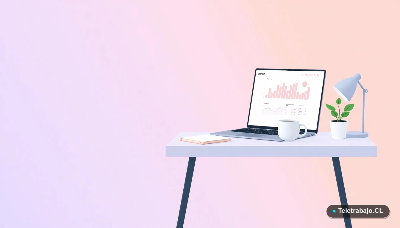 Escritorio moderno minimalista con laptop, taza de café y planta, sobre fondo degradado lila y durazno. Representa el entorno de aprendizaje y capacitación del Programa SENCE.