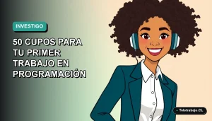 Ilustración vectorial plana de una mujer joven profesional de tecnología, sonriendo, con camisa blanca y chaqueta azul, sobre un fondo degradado suave de color verde azulado. Espacio negativo a la izquierda.