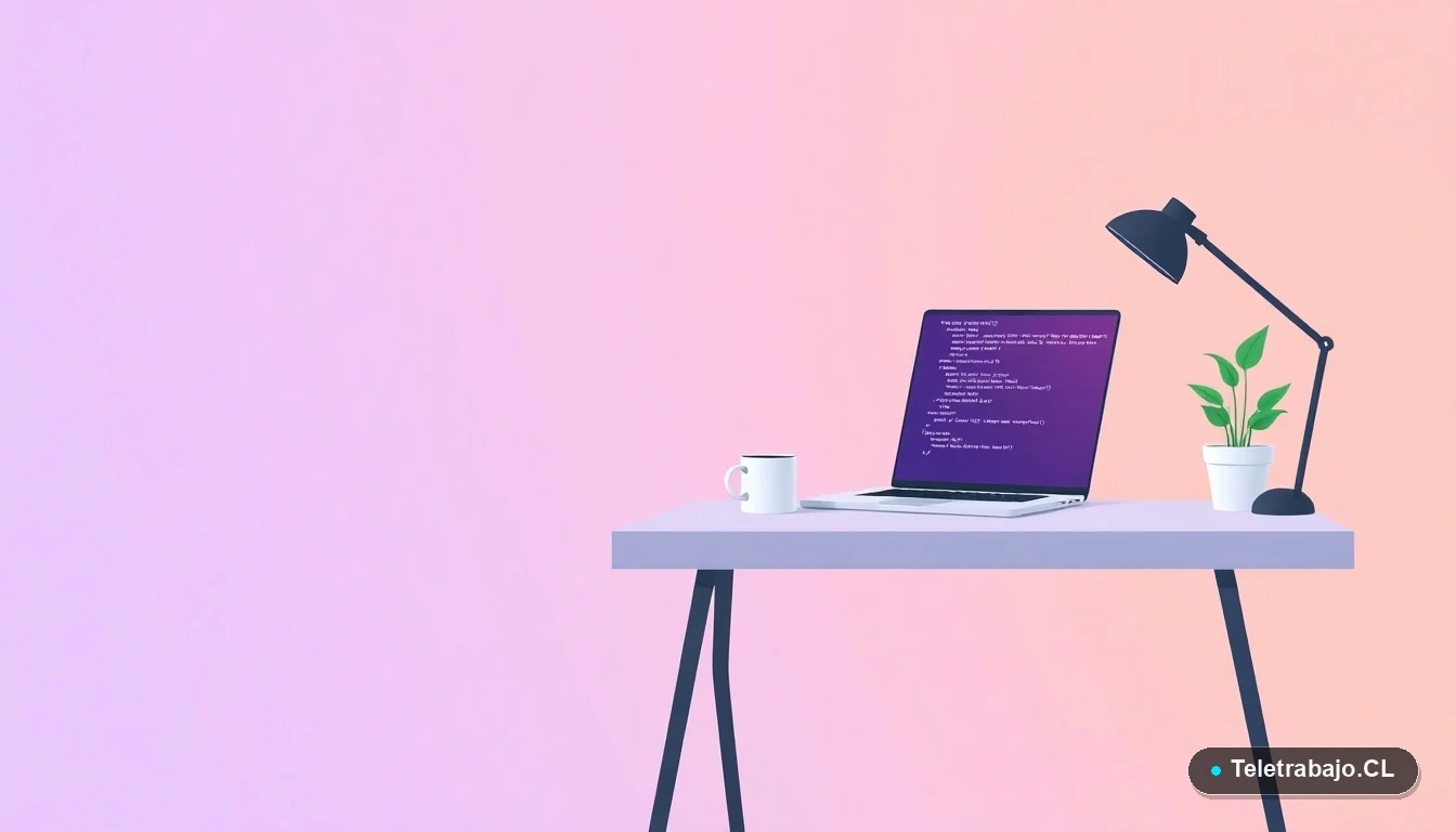 Ilustración vectorial de un escritorio moderno y minimalista con laptop, taza de café y planta, sobre un fondo degradado lavanda y durazno, representando un espacio de trabajo remoto en tecnología.