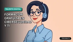 Ilustración plana de mujer profesional de tecnología con blusa azul, sonriendo, sobre fondo degradado verde azulado. Representa el programa de formación gratuita en ciberseguridad y TI de Chile.