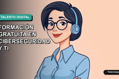 Ilustración plana de mujer profesional de tecnología con blusa azul, sonriendo, sobre fondo degradado verde azulado. Representa el programa de formación gratuita en ciberseguridad y TI de Chile.