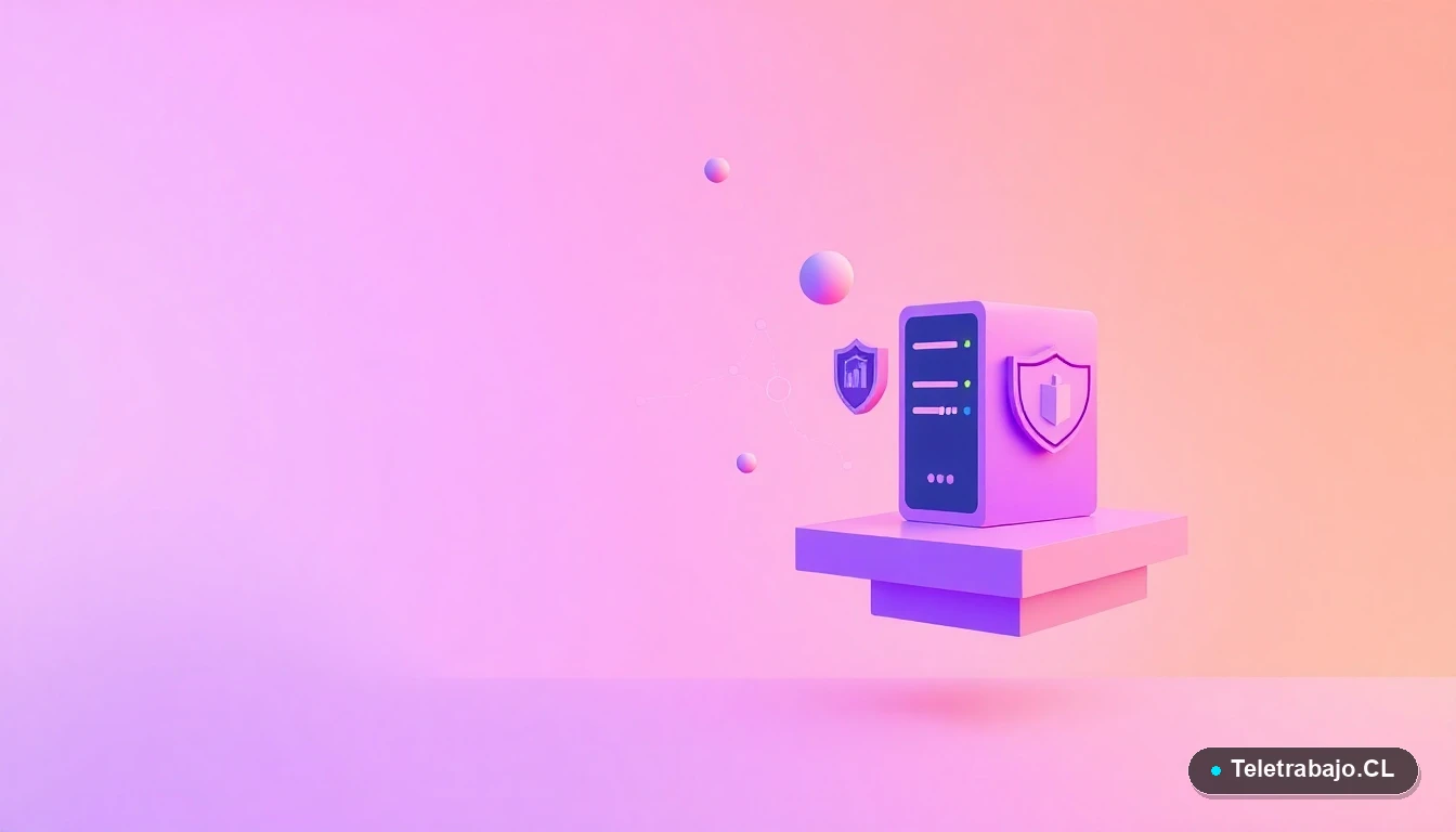 Composición abstracta de interfaz de usuario tecnológica con gráficos flotantes, íconos de servidor y escudo de ciberseguridad, sobre fondo degradado lavanda y durazno. Concepto visual para formación en TI.