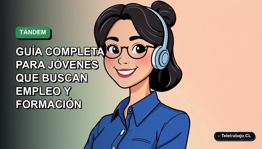 Ilustración plana corporativa de una joven profesional chilena sonriente, con blusa azul, en un fondo con degradado suave de color verde mar. Programa TándEM para formación y empleo juvenil.