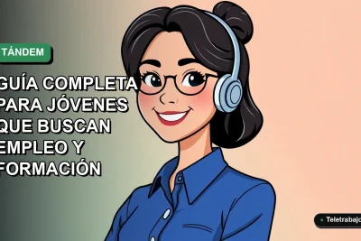 Ilustración plana corporativa de una joven profesional chilena sonriente, con blusa azul, en un fondo con degradado suave de color verde mar. Programa TándEM para formación y empleo juvenil.