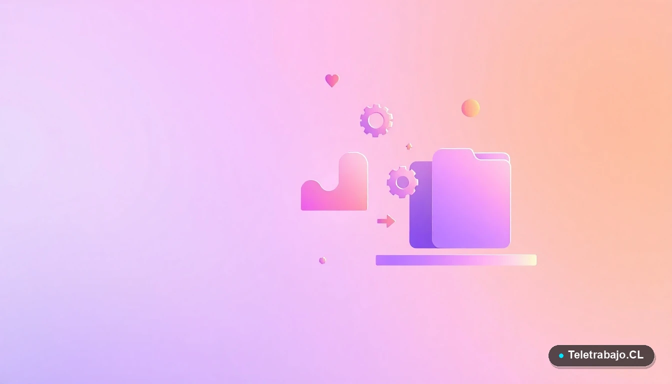 Elementos de interfaz de usuario abstractos y modernos, como gráficos y engranajes flotantes en tonos lavanda y durazno, representando tecnología y formación. Concepto para programa de empleo juvenil TándEM en Chile.