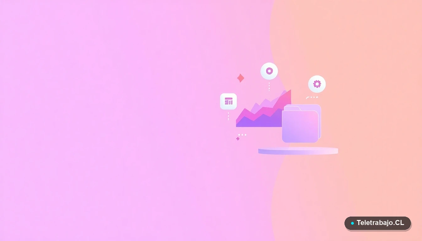 Elementos de interfaz de usuario abstractos y modernos: gráficos flotantes, un engranaje y una carpeta en colores lavanda y durazno, sobre fondo degradado. Concepto de tecnología y gestión para emprendedores.