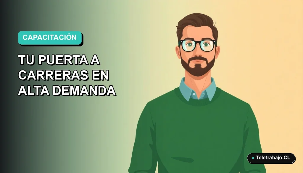 Ilustración vectorial plana de un trabajador remoto masculino con suéter verde, sobre un fondo de gradiente azul y verde, representando programas de formación en Chile.
