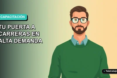 Ilustración vectorial plana de un trabajador remoto masculino con suéter verde, sobre un fondo de gradiente azul y verde, representando programas de formación en Chile.