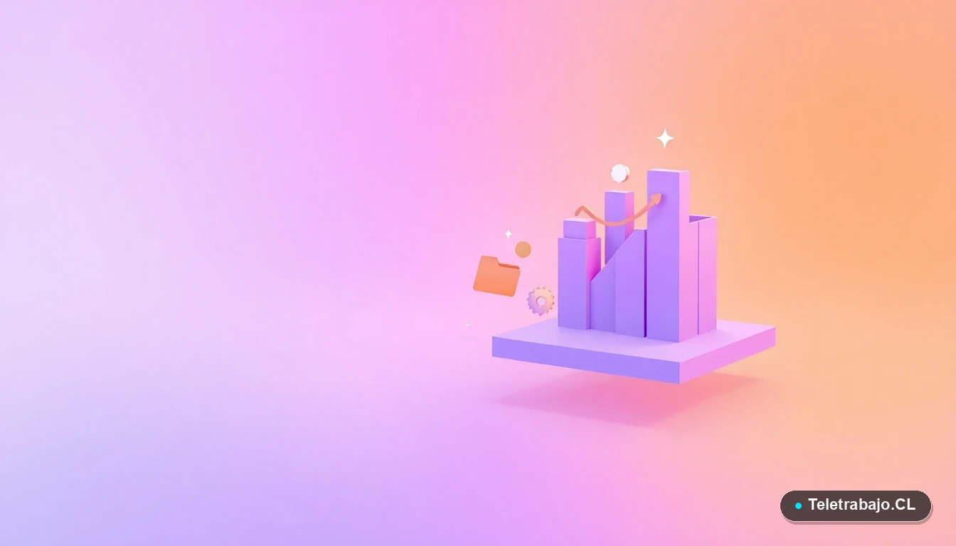 Ilustración abstracta de interfaz de usuario tecnológica con gráficos flotantes y engranajes en colores lavanda y durazno, sobre fondo degradado, concepto de formación en alta demanda.