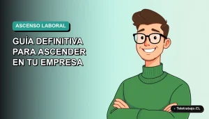 Ilustración vectorial plana de un trabajador masculino con suéter verde, sonriendo, sobre fondo degradado azul verdoso. Concepto de crecimiento profesional en Chile.