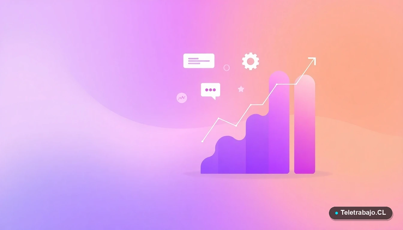 Composición abstracta de interfaz de usuario con gráficos flotantes y engranajes en tonos lavanda y durazno, representando análisis y crecimiento profesional.