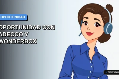 Ilustración plana vectorial de una mujer profesional con blusa azul trabajando de forma remota, fondo con gradiente suave azul y gris.