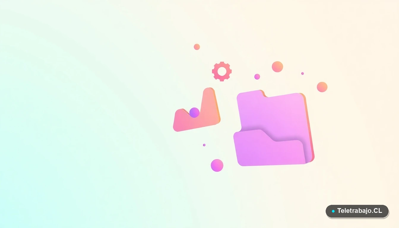 Composición abstracta de interfaz de usuario con gráficos flotantes y iconos de carpeta y engranaje en colores lavanda y durazno, sobre fondo con gradiente verde menta.