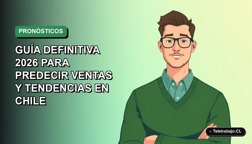 Ilustración vectorial plana de un trabajador remoto chileno analizando un gráfico de pronóstico lineal de ventas en su laptop, con fondo degradado vacío.