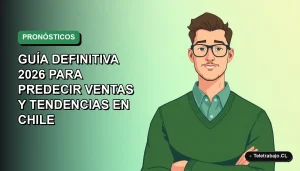 Ilustración vectorial plana de un trabajador remoto chileno analizando un gráfico de pronóstico lineal de ventas en su laptop, con fondo degradado vacío.