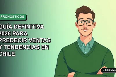 Ilustración vectorial plana de un trabajador remoto chileno analizando un gráfico de pronóstico lineal de ventas en su laptop, con fondo degradado vacío.