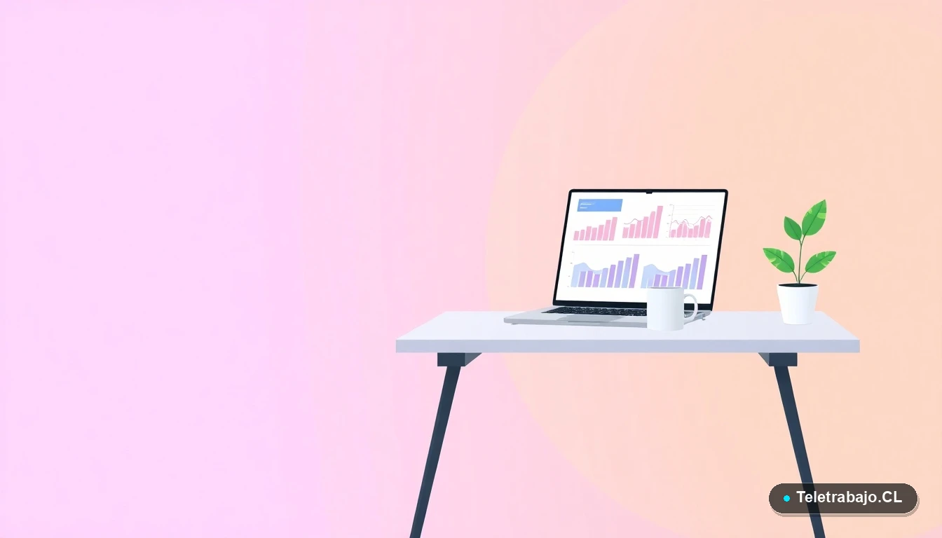 Escritorio moderno vacío con laptop mostrando gráficos de datos, taza de café y planta, concepto de análisis de pronóstico lineal para negocios.