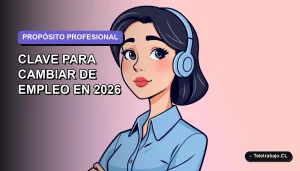 Ilustración plana corporativa de una mujer profesional de la tecnología, con blusa azul y peinado moderno, mirando con determinación hacia un espacio vacío y minimalista con degradado de color lavanda suave.
