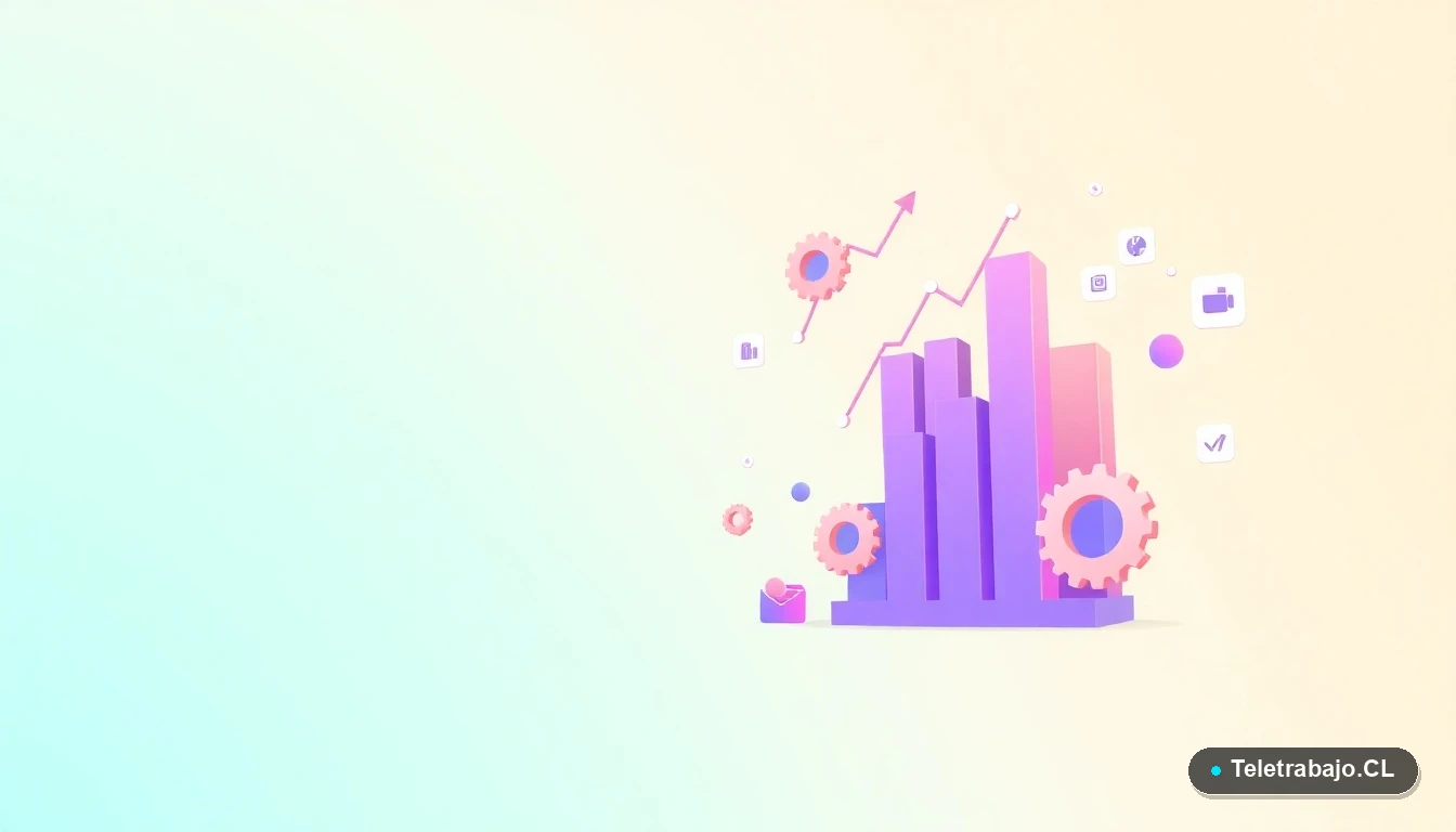 Composición abstracta de interfaz de usuario tecnológica con gráficos flotantes, engranajes y carpetas estilizadas, sobre un fondo degradado minimalista de colores fríos.