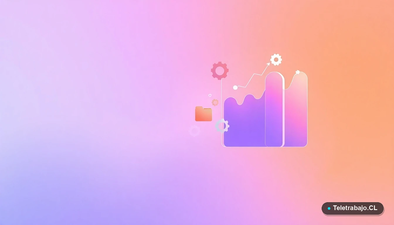 Composición abstracta de interfaz de usuario tecnológica con gráficos, engranajes y carpetas flotantes en tonos lavanda y durazno, sobre fondo degradado.