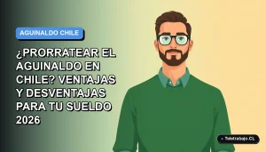 Ilustración vectorial plana de un trabajador remoto masculino con suéter verde, sobre un fondo degradado azul y blanco, representando el concepto de prorrateo del aguinaldo en Chile.