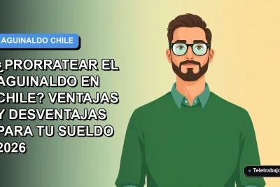 Ilustración vectorial plana de un trabajador remoto masculino con suéter verde, sobre un fondo degradado azul y blanco, representando el concepto de prorrateo del aguinaldo en Chile.