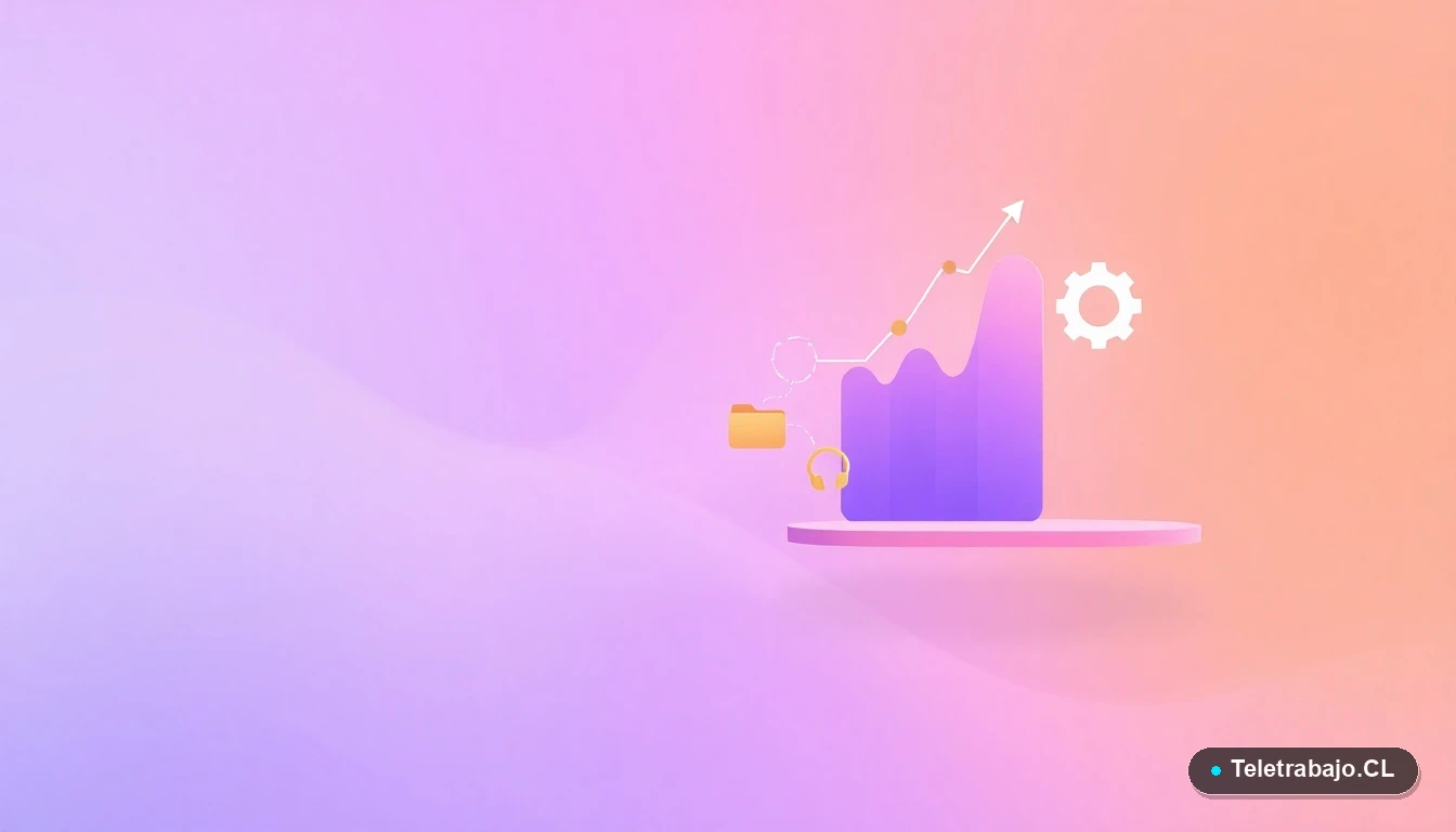 Composición abstracta de interfaz de usuario con gráficos flotantes, un engranaje y carpetas, en colores lavanda y durazno, sobre fondo degradado, simbolizando análisis financiero y gestión del aguinaldo.