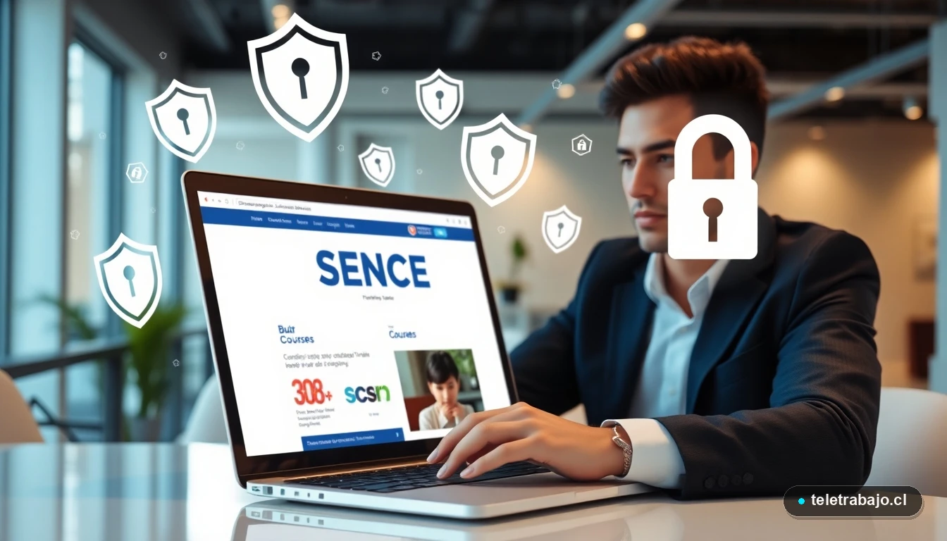 Profesional chileno consultando cursos de ciberseguridad SENCE en portátil con símbolos de protección digital