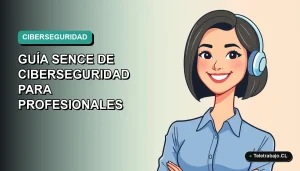 Ilustración plana vectorial de una profesional de tecnología remota mujer, con blusa azul y corte bob, sonriendo. Fondo con gradiente suave de azul a verde. Concepto de capacitación SENCE en ciberseguridad para el futuro laboral 2026.
