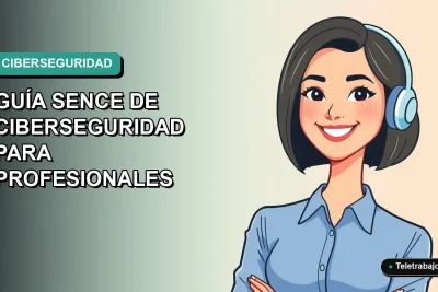 Ilustración plana vectorial de una profesional de tecnología remota mujer, con blusa azul y corte bob, sonriendo. Fondo con gradiente suave de azul a verde. Concepto de capacitación SENCE en ciberseguridad para el futuro laboral 2026.