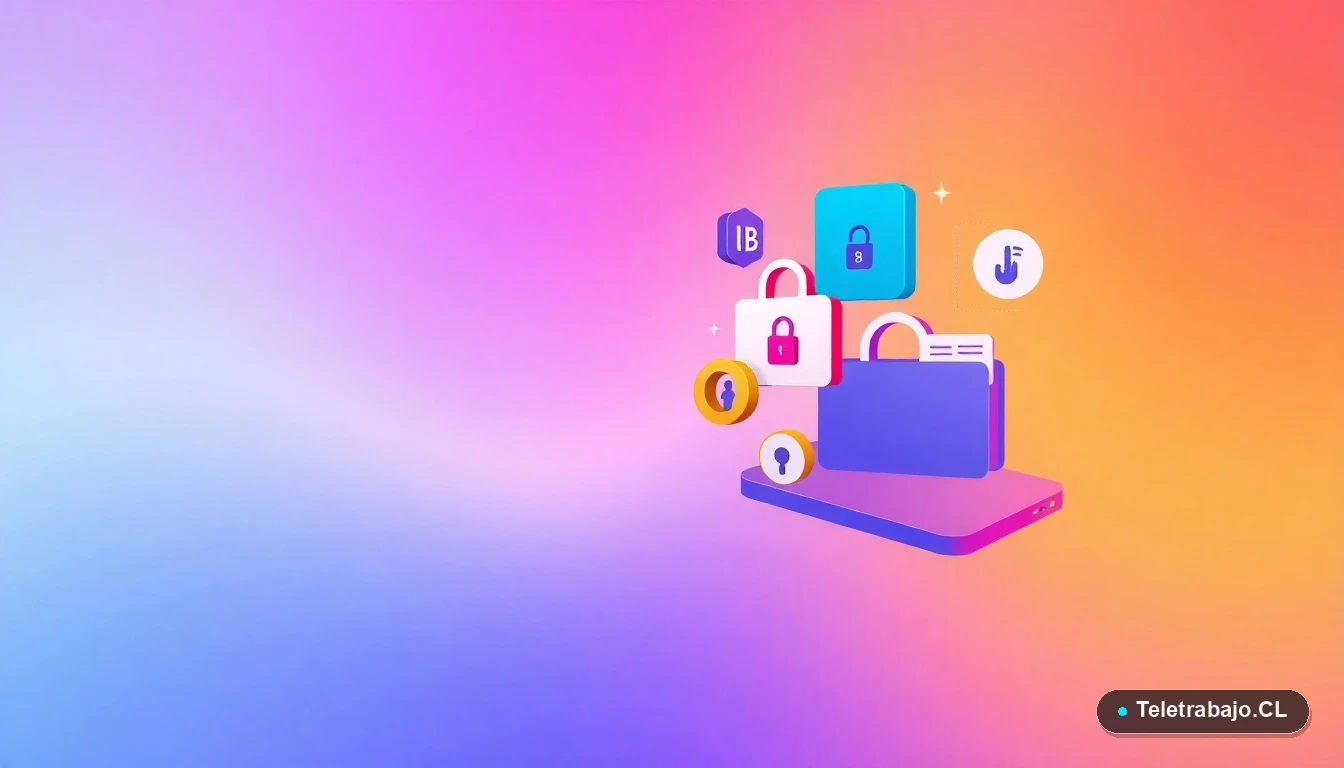 Composición abstracta de interfaz de usuario tecnológica con iconos planos de un escudo, gráfico, candado y carpeta, sobre un fondo con gradiente lavanda y durazno. Representación visual de datos y seguridad digital para capacitación SENCE.