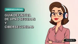 Ilustración plana vectorial de mujer profesional chilena teletrabajando con seguridad digital, fondo degradado verde azulado.