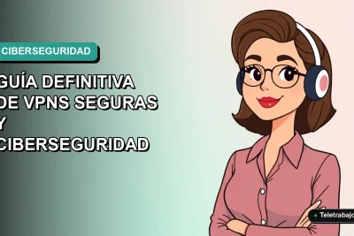 Ilustración plana vectorial de mujer profesional chilena teletrabajando con seguridad digital, fondo degradado verde azulado.