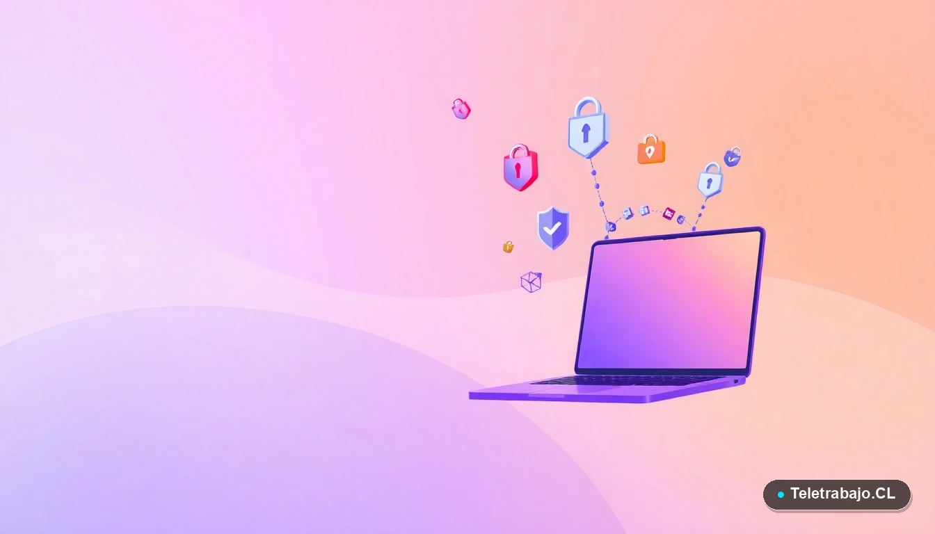 Interfaz de usuario abstracta con iconos de ciberseguridad, candados digitales y escudos de protección de datos, sobre fondo degradado lila.