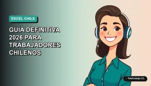 Ilustración plana de mujer profesional chilena sonriendo, fondo degradado azul verdoso, concepto de seguridad de datos en Excel para oficina.