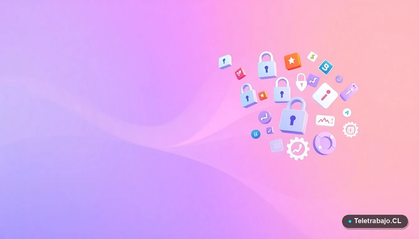 Iconos flotantes abstractos de candados, escudos y engranajes sobre fondo lila, representando la seguridad y protección de archivos de Excel.