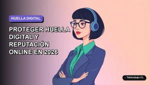 Ilustración plana corporativa de una mujer profesional de teletrabajo con expresión segura, fondo degradado lavanda suave, concepto de protección de identidad digital.