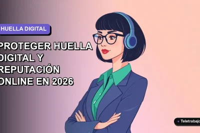Ilustración plana corporativa de una mujer profesional de teletrabajo con expresión segura, fondo degradado lavanda suave, concepto de protección de identidad digital.