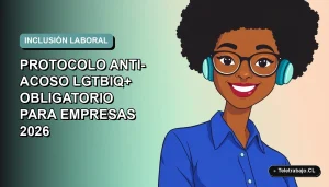 Ilustración plana corporativa de una trabajadora remota sonriente con blusa azul, sobre fondo degradado suave azul verdoso. Espacio negativo a la izquierda.