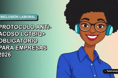 Ilustración plana corporativa de una trabajadora remota sonriente con blusa azul, sobre fondo degradado suave azul verdoso. Espacio negativo a la izquierda.