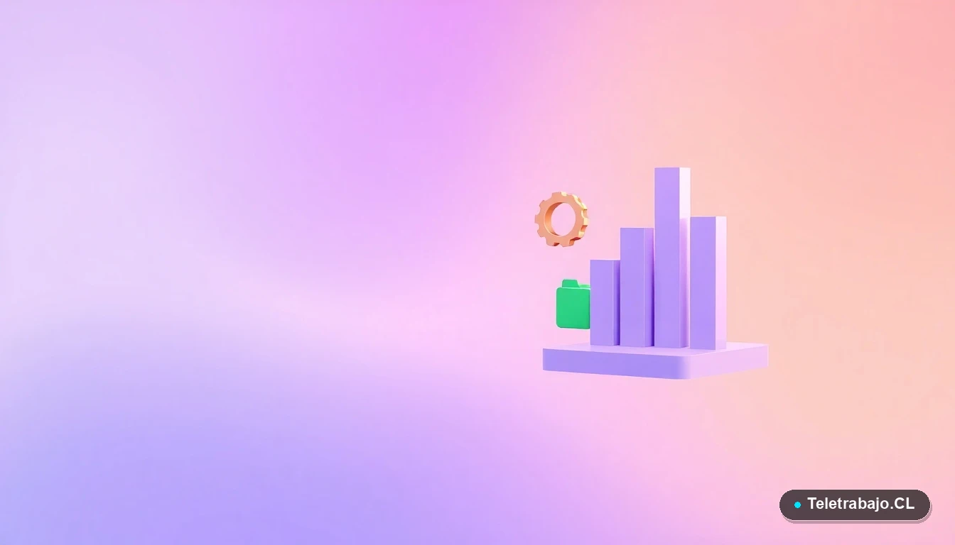 Elementos de interfaz de usuario abstractos y coloridos, como gráficos y engranajes, en estilo de ilustración plana, sobre fondo degradado lila y durazno.