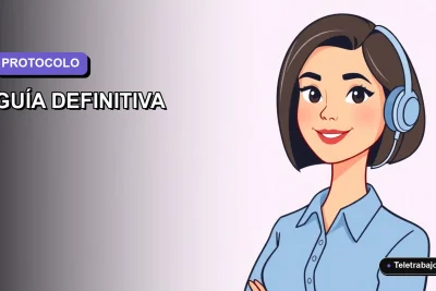 Ilustración vectorial plana de una trabajadora remota con blusa azul y pelo corto, sobre fondo degradado lavanda y gris.