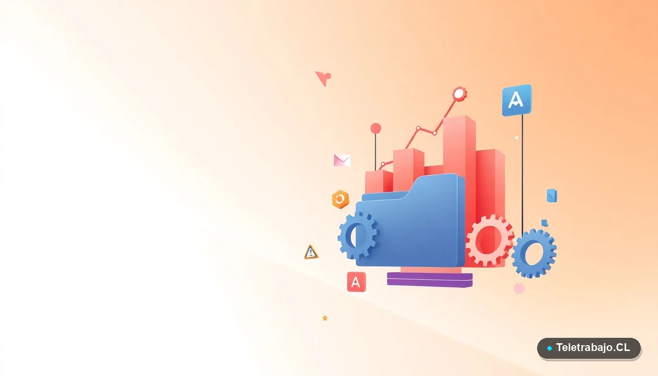 Composición abstracta de interfaz de usuario con gráficos flotantes, engranajes y carpetas sobre fondo degradado melocotón.