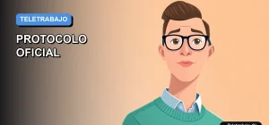 Ilustración vectorial plana de estilo Corporate Memphis que representa el protocolo de teletrabajo en Chile, con un trabajador remoto y fondo minimalista.