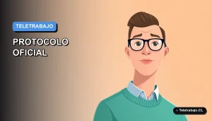 Ilustración vectorial plana de estilo Corporate Memphis que representa el protocolo de teletrabajo en Chile, con un trabajador remoto y fondo minimalista.