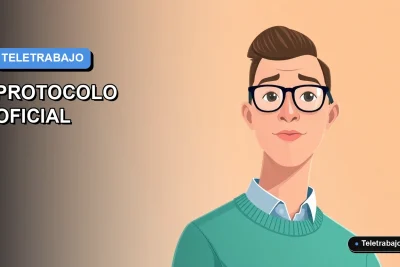 Ilustración vectorial plana de estilo Corporate Memphis que representa el protocolo de teletrabajo en Chile, con un trabajador remoto y fondo minimalista.