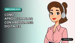 Ilustración vectorial plana de una mujer profesional de teletrabajo, con fondo degradado azul verdoso. Representa oportunidades laborales con habilidades digitales.