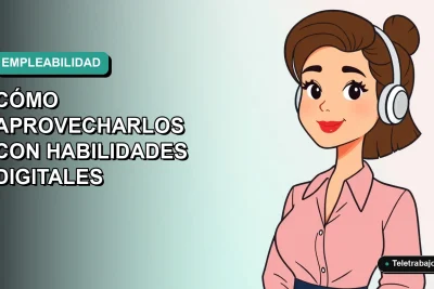 Ilustración vectorial plana de una mujer profesional de teletrabajo, con fondo degradado azul verdoso. Representa oportunidades laborales con habilidades digitales.