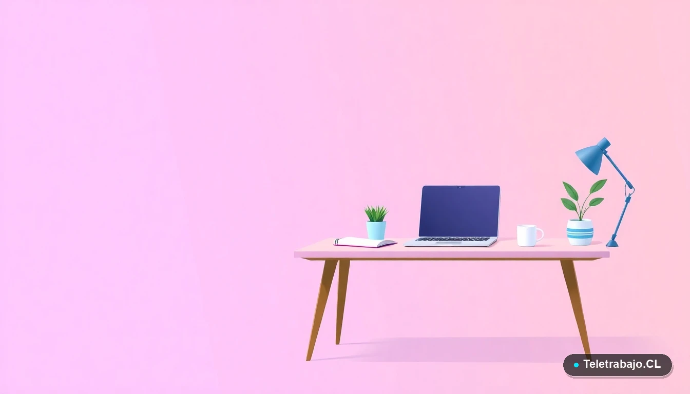 Escritorio moderno minimalista con laptop y elementos de trabajo, ilustración vectorial plana con fondo degradado lila, representando un espacio de trabajo digital.